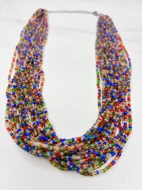 Vintage Inspired Multi-Strand Rainbow Seed Bead Statement Necklace